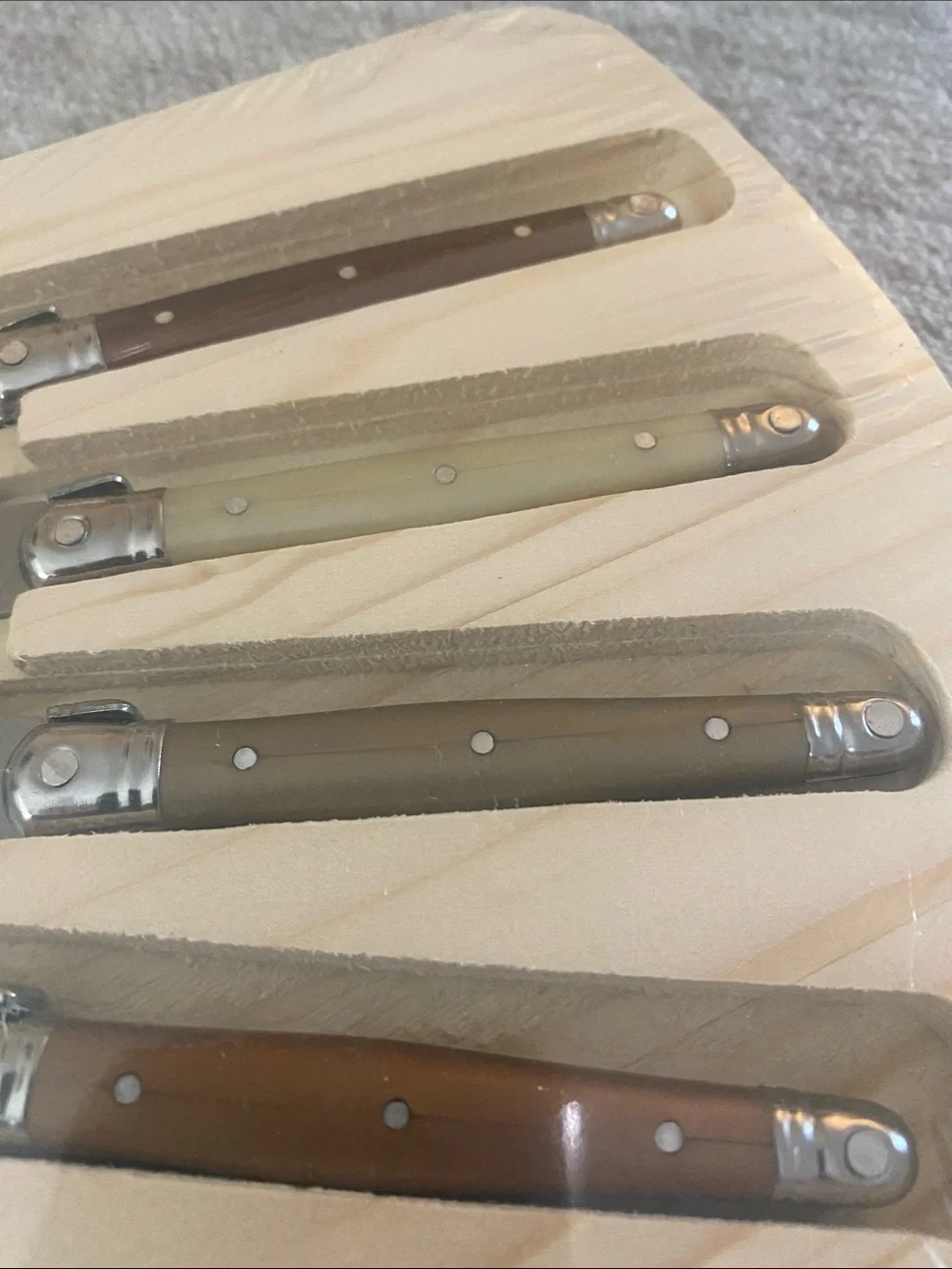 Stainless steel cheese knife set. Laquiole Jean Dubost France 5 piece set.